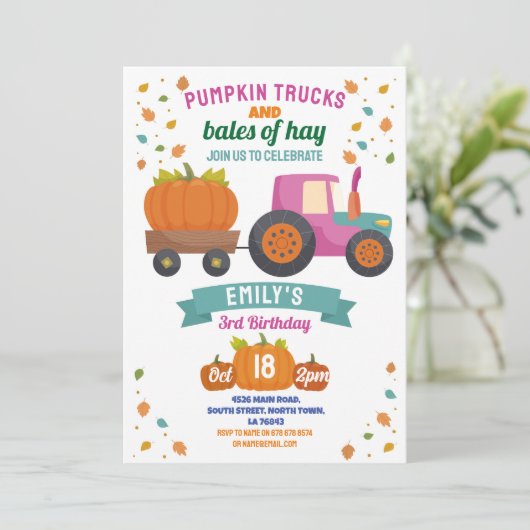 Traktoren Pumpkin Birthday Harvest Party Girls Einladung (Stehend Vorderseite)