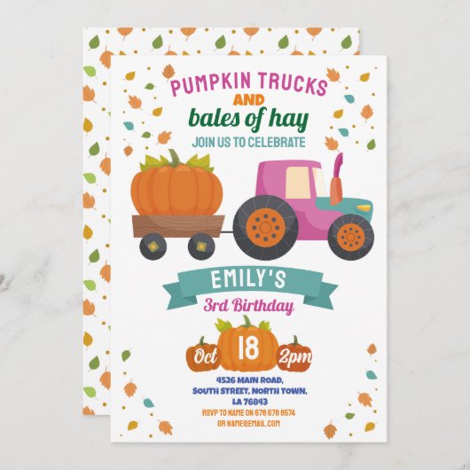 Traktoren Pumpkin Birthday Harvest Party Girls Einladung (Vorne/Hinten)