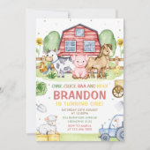 Traktorenzüchter Oink Baa Moo 1. Geburtstag Einladung (Vorderseite)