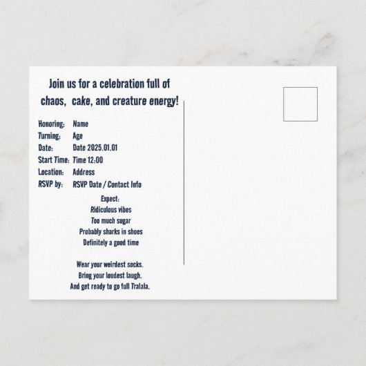 Tralalero Tralala Individuell gestalteter Geburtst Ankündigungspostkarte (Rückseite)