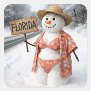 Trampende Schneefrau mit Florida-Schild Quadratischer Aufkleber