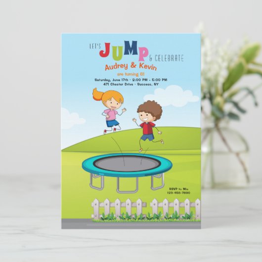 Trampolin Kindergeburtstag Party Einladung (Stehend Vorderseite)