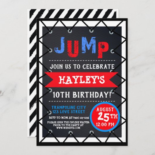 Trampolin Park Bounce Party Rot Weiß und Blau Einladung (Vorne/Hinten)