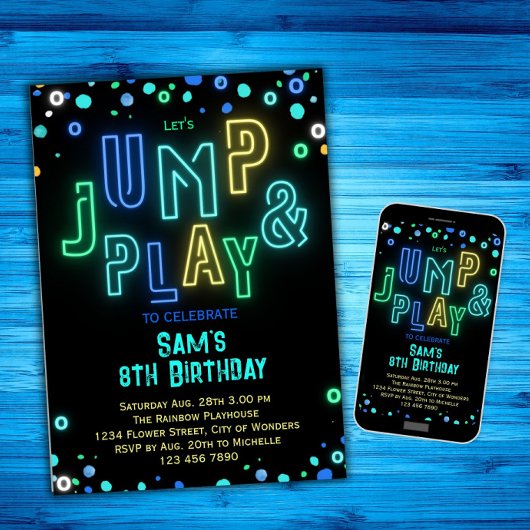 Trampoline Birthday Neon Glow Jump Play Party Einladung
