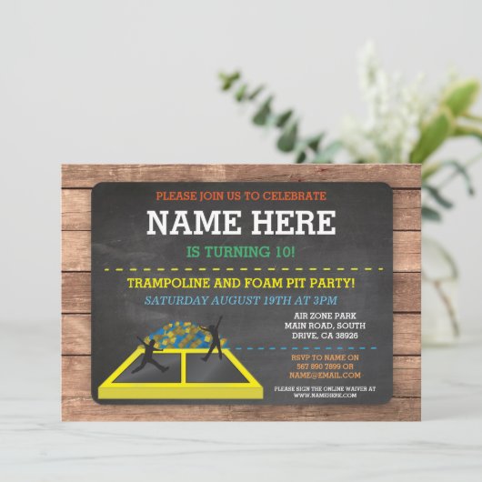 Trampoline Foam Pit Jump Party Birthday Fun Invite Einladung (Stehend Vorderseite)