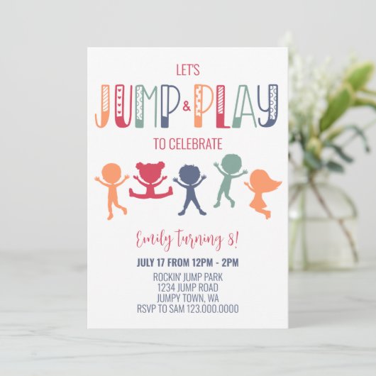 Trampoline Jump and Play Birthday Party Einladung (Stehend Vorderseite)