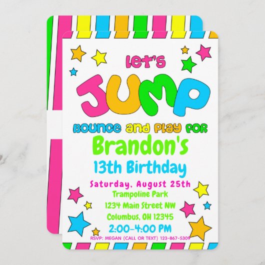 Trampoline Jump Park Party in Neonfarben Einladung (Vorne/Hinten)