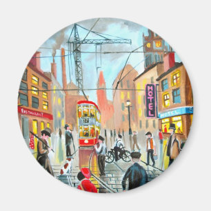 Tramstadt scape Öl des Straßen-Lebens Magnet