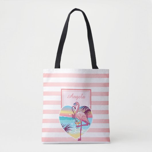 Trandy Striped, Flamingo, Cocktail - Personalisier Tasche (Vorderseite)
