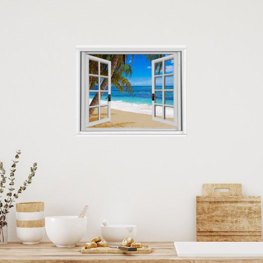 Tranquil Beach Ocean Fake Window View Poster (Küche)