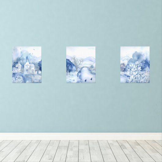 Tranquil Blue Village - Boho Landschaft Bilderwand Sets (Holzboden)