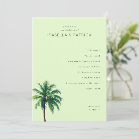 Tranquil Green Palm Tree Wedding Ceremony Schedule Programm (Stehend Vorderseite)