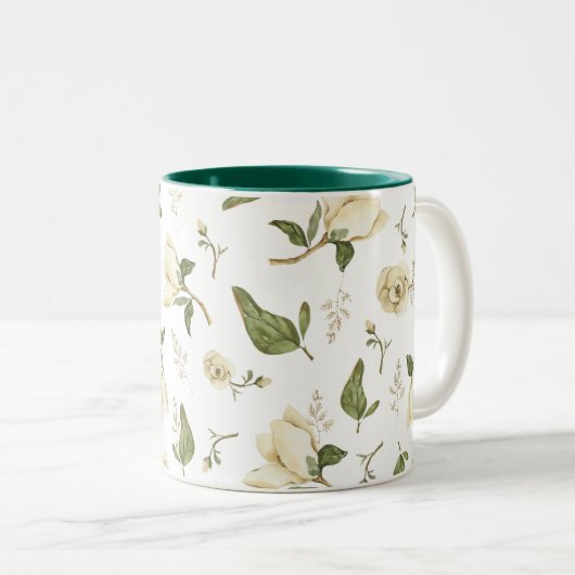 Tranquil Magnolia: Muster der grünen Aquarellfarbe Zweifarbige Tasse (VorderseiteRechts)