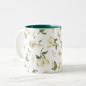 Tranquil Magnolia: Muster der grünen Aquarellfarbe Zweifarbige Tasse (Vorderseite Links)