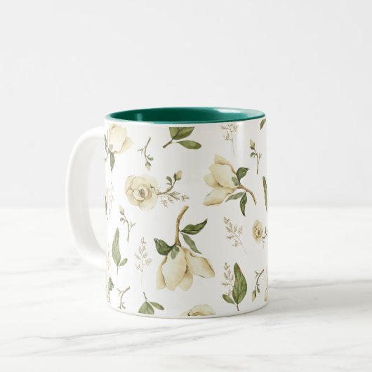 Tranquil Magnolia: Muster der grünen Aquarellfarbe Zweifarbige Tasse (Vorderseite Links)