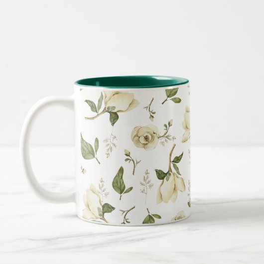 Tranquil Magnolia: Muster der grünen Aquarellfarbe Zweifarbige Tasse (Links)