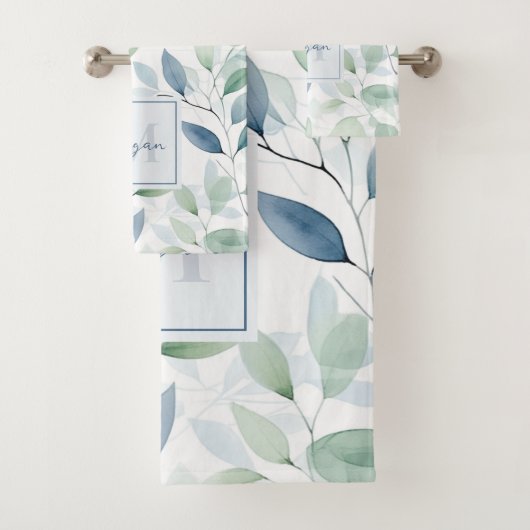 Tranquil Oasis Aquarell Blätter Monogramm und Name Badhandtuch Set (Insitu)