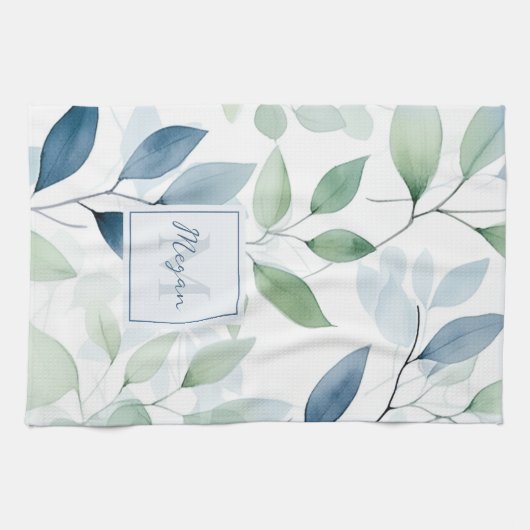 Tranquil Oasis Aquarell Blätter Monogramm und Name Geschirrtuch (Horizontal)