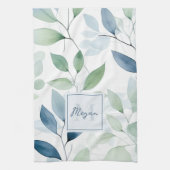 Tranquil Oasis Aquarell Blätter Monogramm und Name Geschirrtuch (Vertikal)