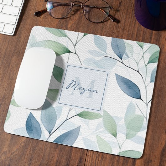 Tranquil Oasis Aquarell Blätter Monogramm und Name Mousepad