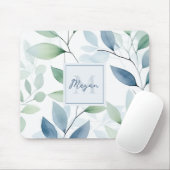 Tranquil Oasis Aquarell Blätter Monogramm und Name Mousepad (Mit Mouse)