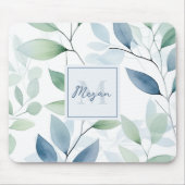 Tranquil Oasis Aquarell Blätter Monogramm und Name Mousepad (Vorne)