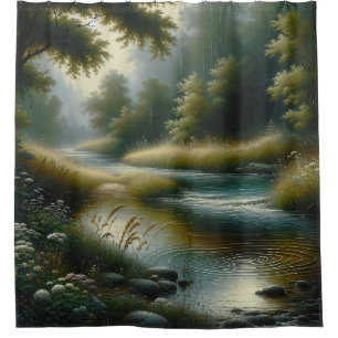 "Tranquil River Through Lush Forest" Duschvorhang
