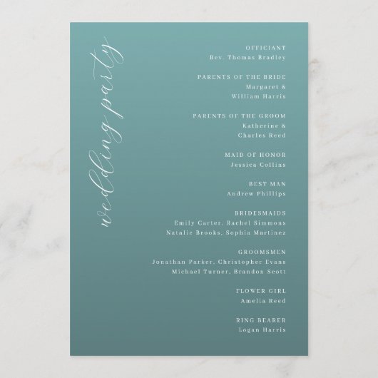 Tranquil Teal Wedding Ceremony Schedule Programm (Rückseite)
