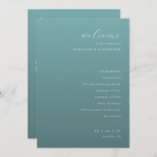 Tranquil Teal Wedding Ceremony Schedule Programm (Vorne/Hinten)