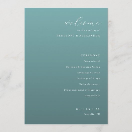 Tranquil Teal Wedding Ceremony Schedule Programm (Vorderseite)