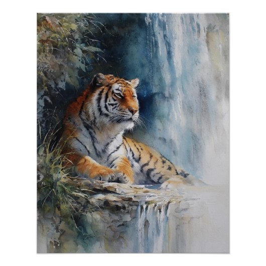Tranquil Waterfall Tiger Misty Cliff Art Poster (Vorderseite)