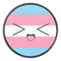 trans flag with cute excited face hockey puck