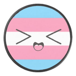 trans flag with cute excited face hockey puck
