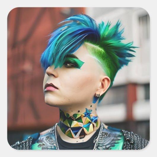 Transgender Person mit blauem und grünem Mohawk Quadratischer Aufkleber (Vorderseite)