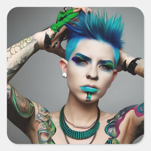 Transgender Person mit Blue Mohawk Quadratischer Aufkleber (Vorderseite)