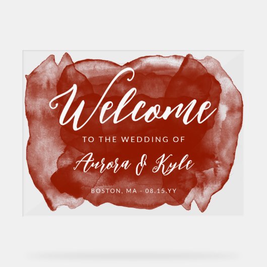 Translucent Rufous Red Watercolor Wedding Willkomm Acrylschild (Vorderseite)