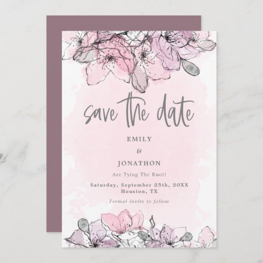 Transluzente Floralbeere in Aquarellfarben Save th Save The Date (Vorne/Hinten)