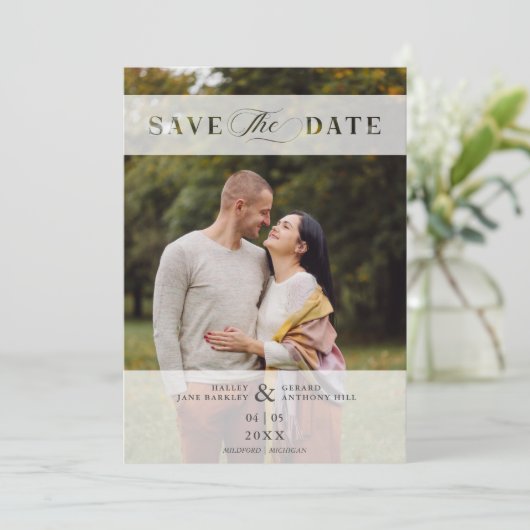 Transparency Cut Paper Effect Photo Script Wedding Save The Date (Stehend Vorderseite)
