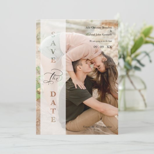 Transparency Photo Script Cut Paper Effect Wedding Save The Date (Stehend Vorderseite)