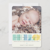 Transparent Blue 'HELLO' Typografie Foto Birth Ankündigung (Vorderseite)