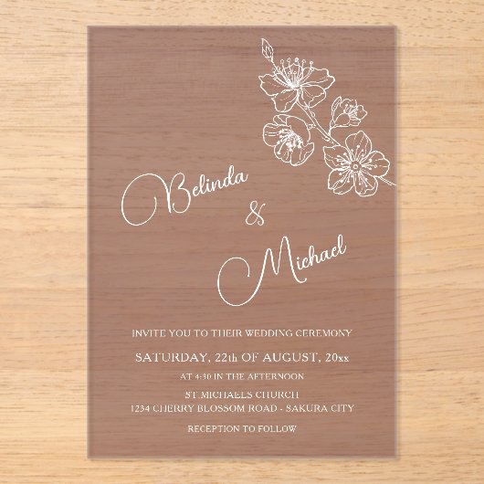 Transparent Burgundy White Floral | Wedding Acryleinladungen (Vorderseite)