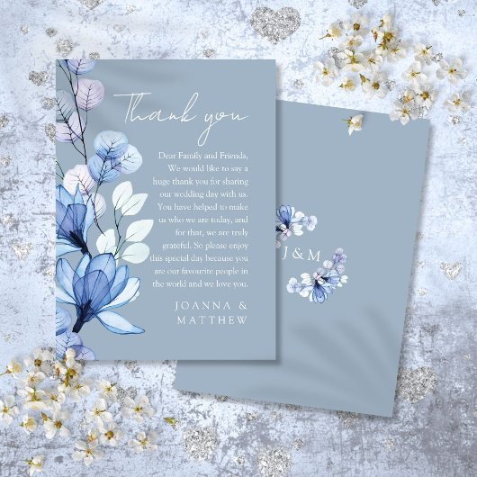 Transparent Floral Dusty Blue Wedding Vielen Dank Platzkarte