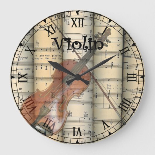 Transparent Violin ~ Rolled Vintage Sheet Music ~ Große Wanduhr (Vorderseite)
