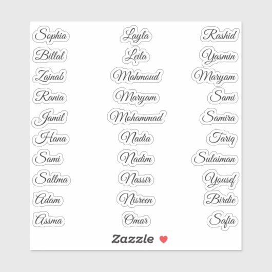 Transparente 30 Vornamen | Elegant Calligraphy Aufkleber (Blatt)