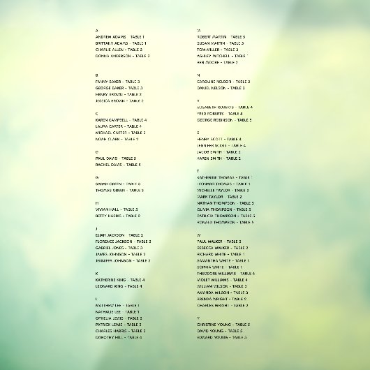 Transparente alphabetische Sitzdiagramme - nur Nam Fensteraufkleber (Blatt 3)