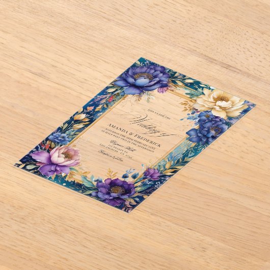 Transparente Aquamarine, Lila und goldene Blumenho Acryleinladungen (Ablage )