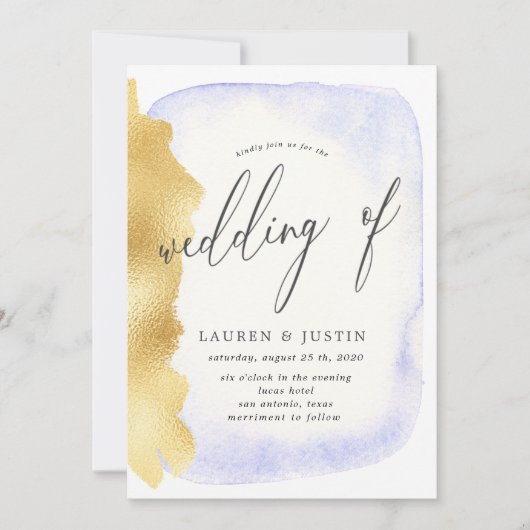 Transparente Blaue Wasserfarbe Gold Imitate Hochze Einladung (Vorderseite)