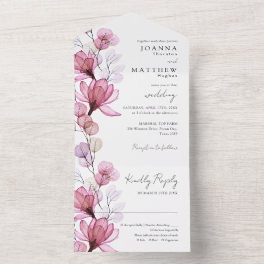 Transparente dusty Rose Floral Monogram Wedding All In One Einladung (Innen Boden)