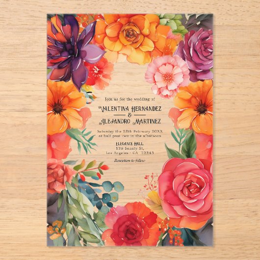 Transparente farbenfrohe mexikanische Fiesta Weddi Acryleinladungen (Vorderseite)