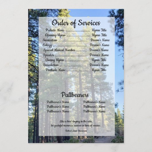 Transparente Fotos für den Kiefernwald Beerdigung Programm (Rückseite)